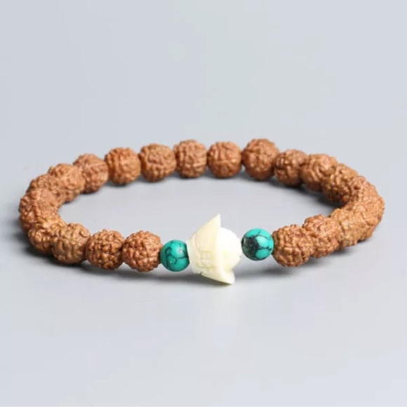 Rudraksha beads bracelet with turquoise looking beads and lotus flower stretchy - Picture 1 of 2